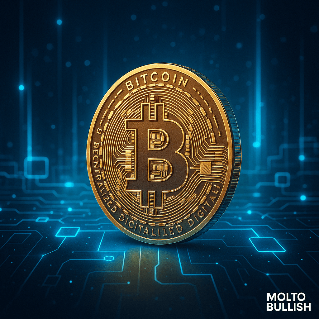 Immagine futuristica che rappresenta Bitcoin nel 2025: una moneta digitale dorata circondata da luci blu e collegamenti blockchain, simbolo di innovazione e utilizzo globale