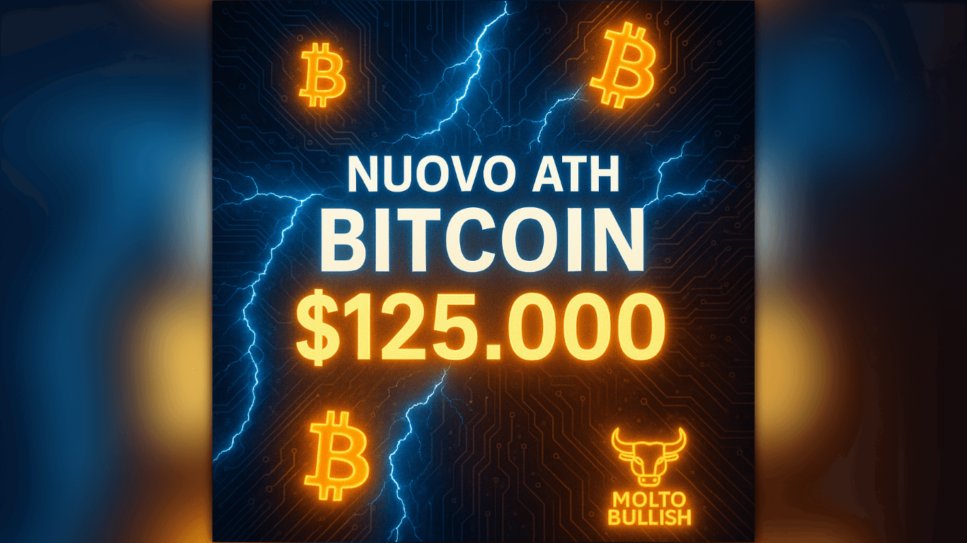 Copertina futuristica con titolo 'Nuovo ATH Bitcoin $125.000', simboli Bitcoin luminosi e logo Molto Bullish su sfondo blu-arancio con fulmini e circuiti digitali.
