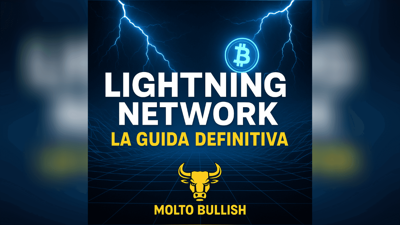 Copertina futuristica sul Lightning Network con fulmini blu, simbolo Bitcoin luminoso e logo Molto Bullish.