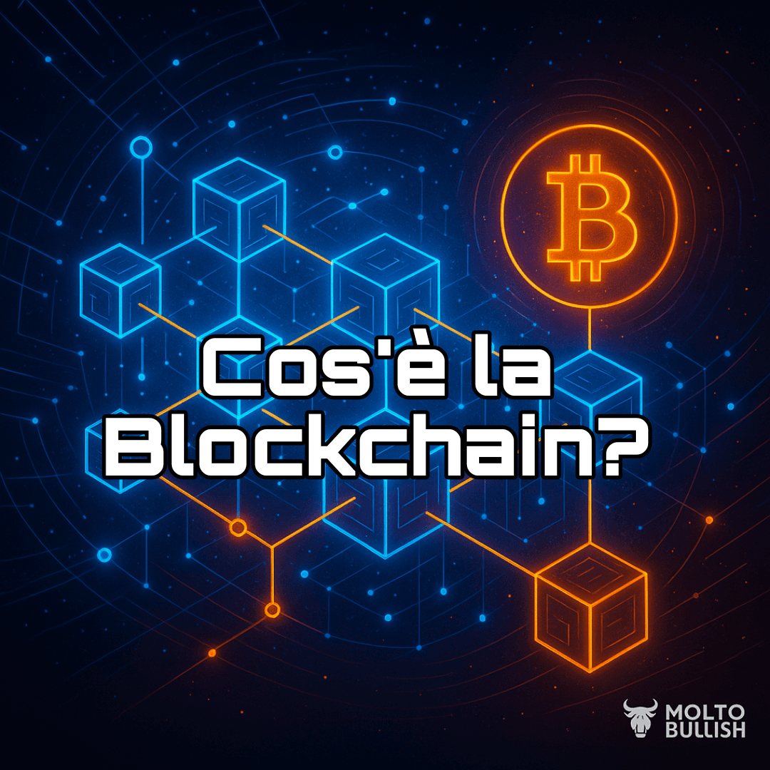 Futuristic neon-style blockchain illustration with interconnected digital blocks, Bitcoin symbol and glowing network nodes, cyber blue and orange tones, Molto Bullish branding
