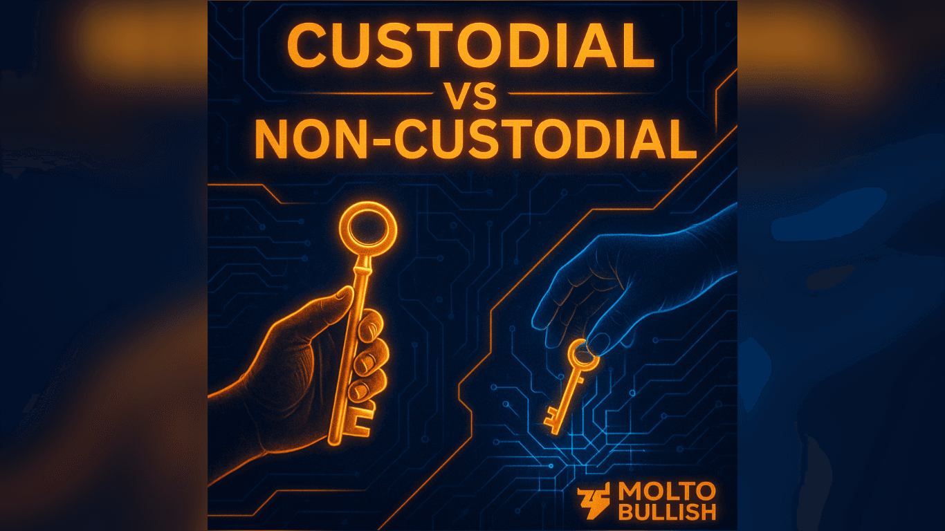 Due mani futuristiche con chiavi dorate che simboleggiano la differenza tra wallet custodial e non-custodial, su sfondo digitale blu con il logo Molto Bullish.