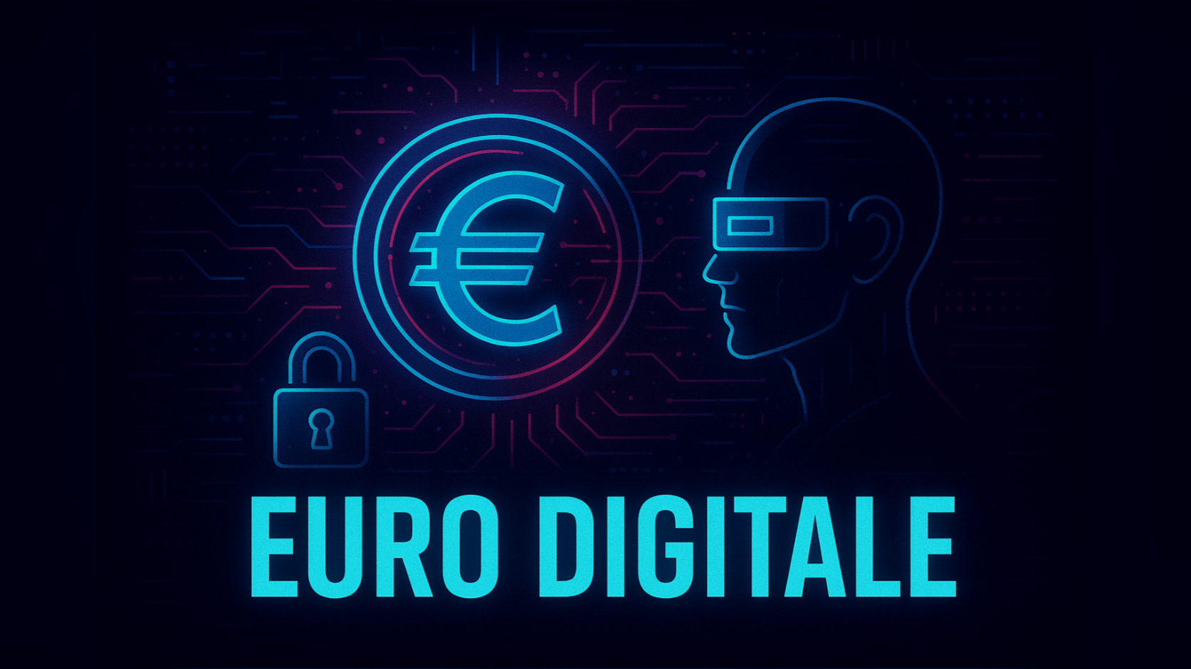 Illustrazione futuristica con simbolo dell’euro digitale in stile cyberpunk, neon blu e rosa, che rappresenta il controllo finanziario e la digitalizzazione della moneta europea.