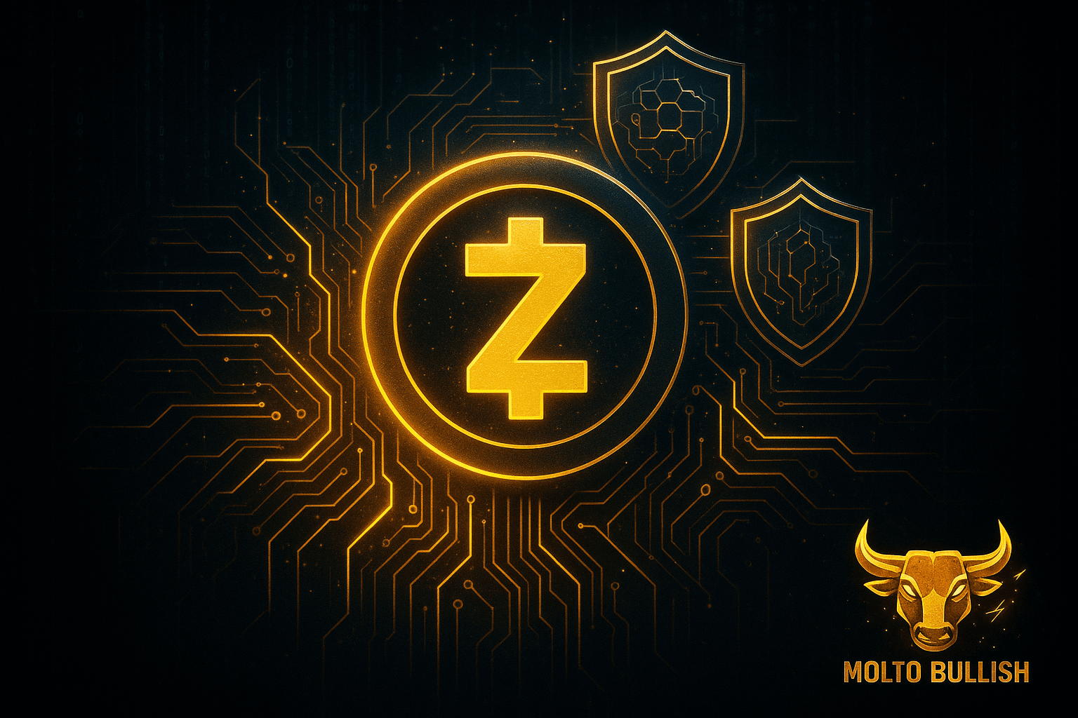 Logo di Zcash dorato circondato da scudi e circuiti digitali luminosi, simbolo della privacy e della resistenza nel mondo crypto.